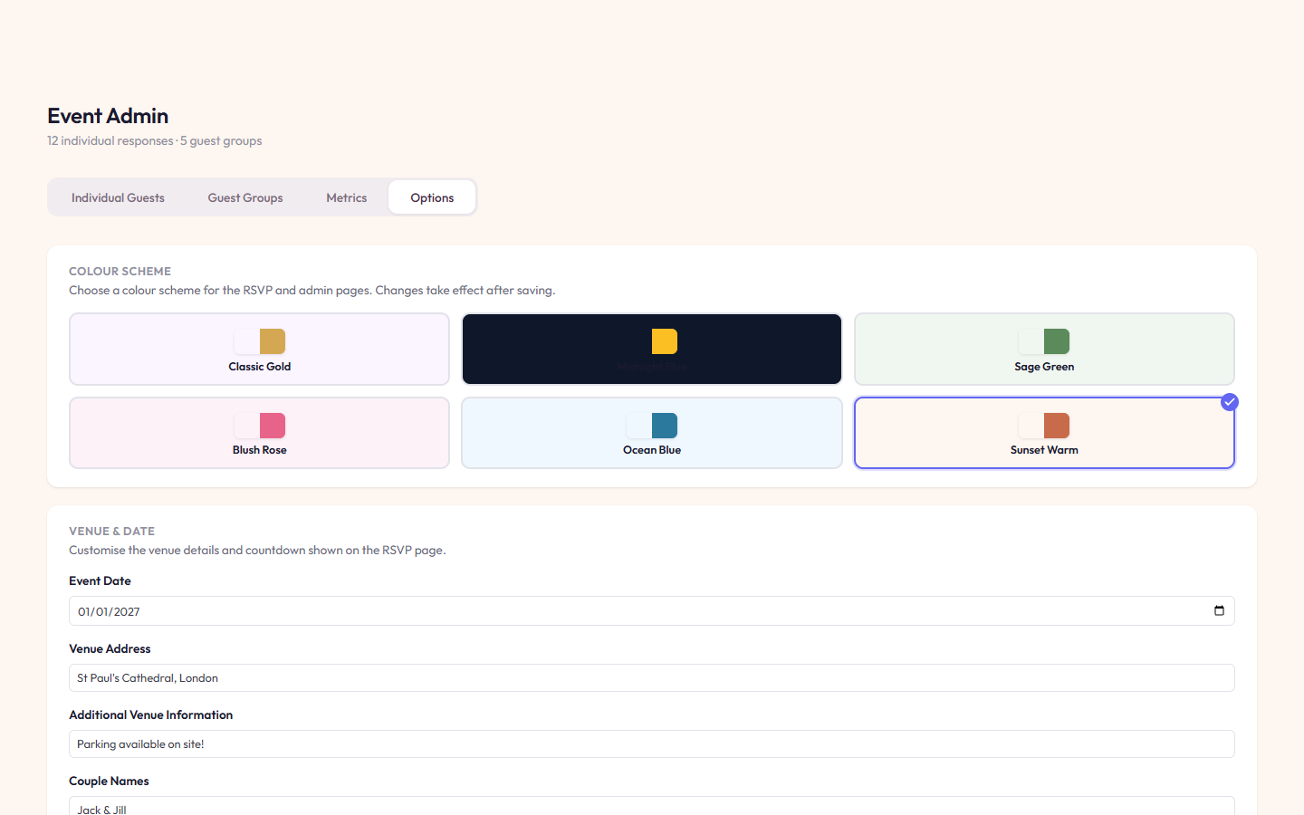 Admin colour scheme and venue settings
