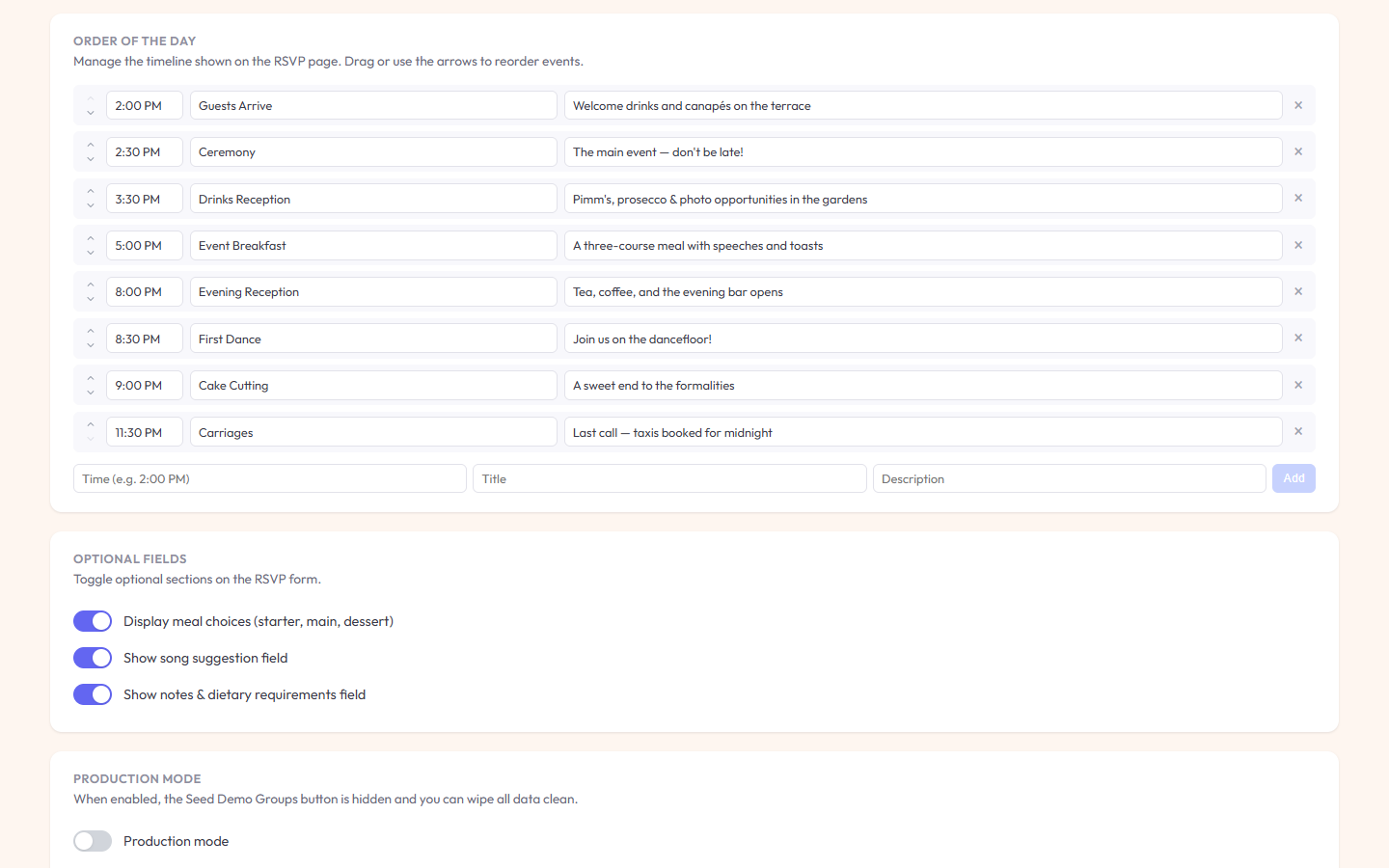 Admin timeline editor and optional fields