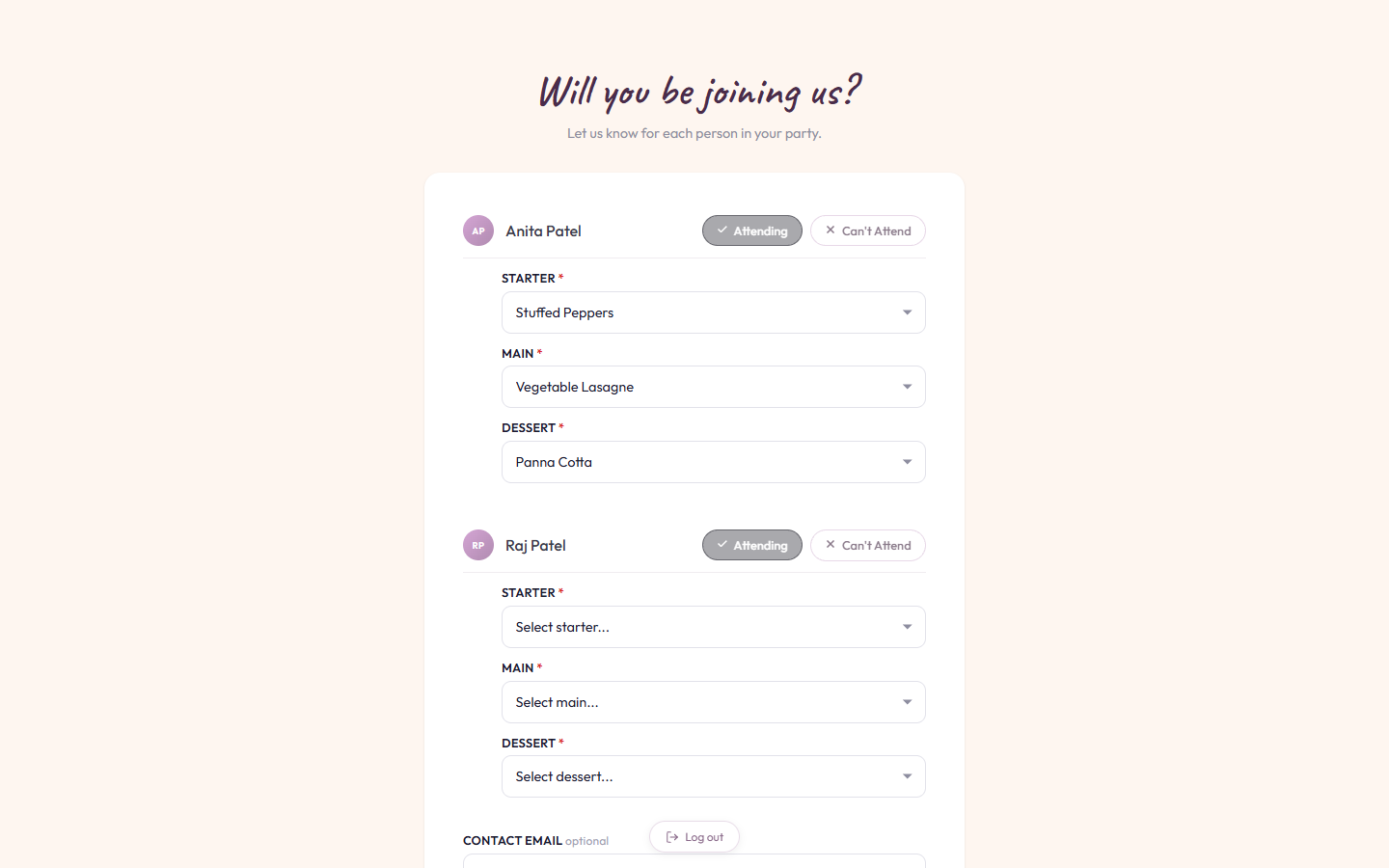RSVP form with meal selection