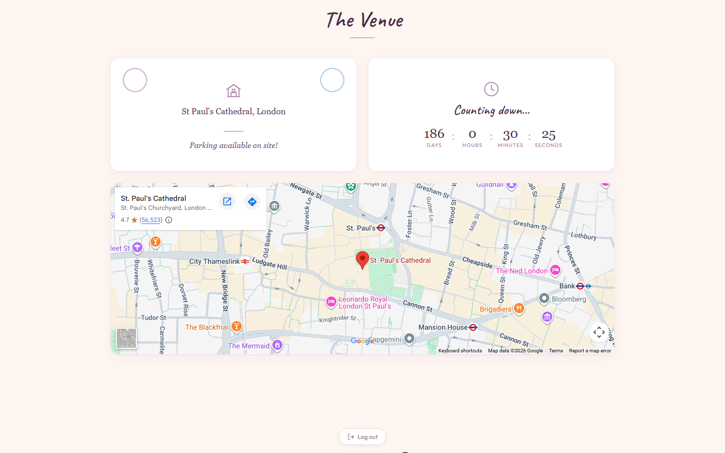 Venue section with map and countdown